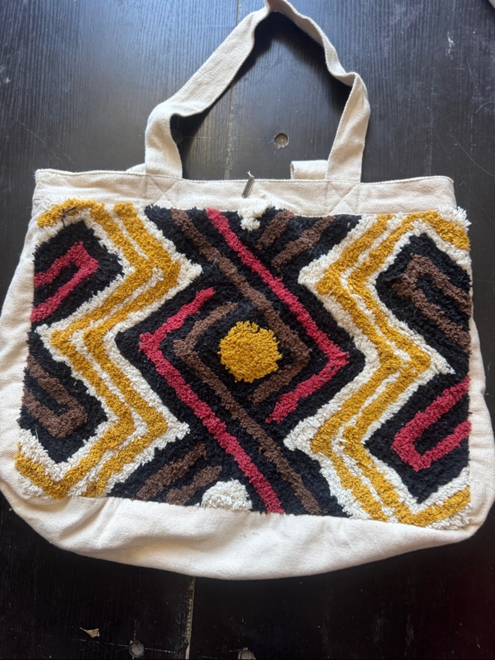 Canvas Tote Bag with Multicolor Geometric Tufted Front Panel